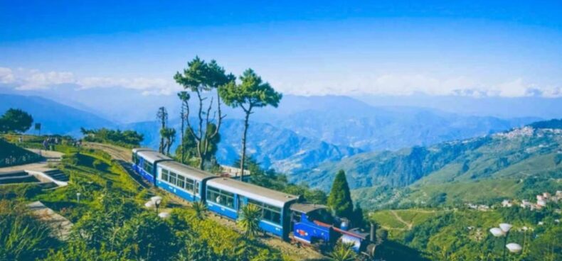 beautiful panoramic view of Batasia Loop with the Himalayan mountains